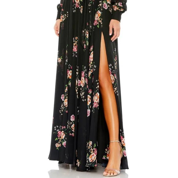 Mac Duggal Black Floral Long Sleeve Empire Waist Chiffon Maxi Dress - Picture 2 of 5